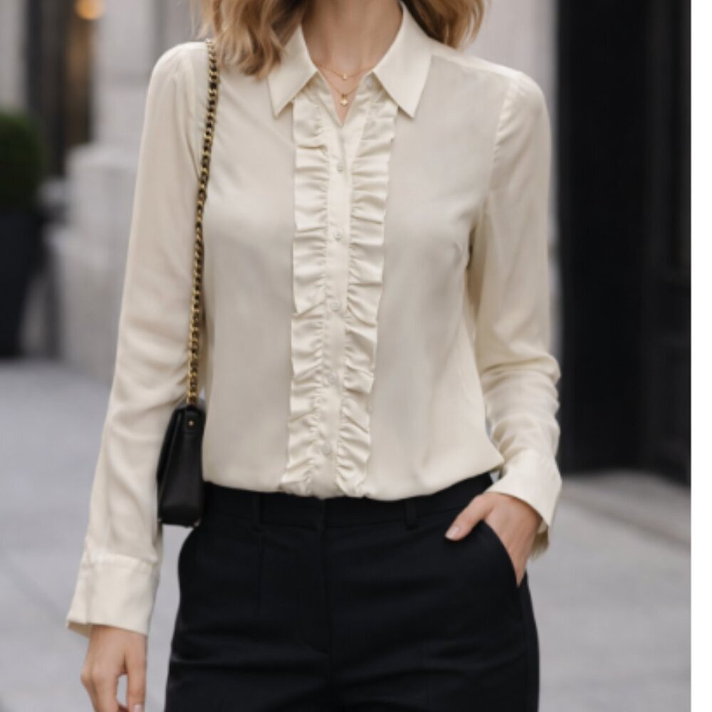Equipment Silk Cream Satin Ruffle-Front Button Down Blouse Petite Small Office